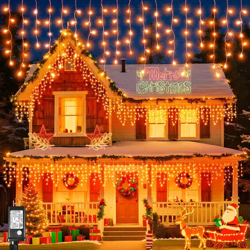 Vista 14 de Luces de carámbano para exteriores, 16.5 pies, 200 luces LED de Navidad para exteriores, impermeables, 8 modos de enchufe, cortina de luz conectable