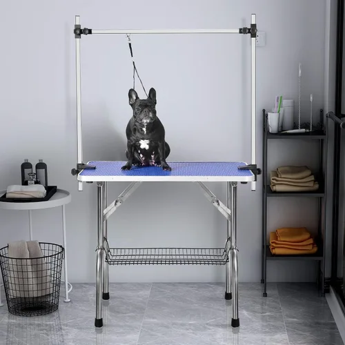 Vista 9 de Mesa profesional ajustable de aseo para mascotas de 36 pulgadas, resistente, con brazo y nariz y bandeja de malla para perros grandes, estación