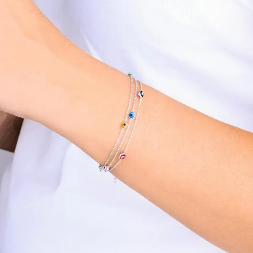 Vista 2 de Pulseras de plata de ley 925 con protección de cadena de triple capa, pulsera azul Ojo Turco para mujer, joyería bohemia delicada para mujer