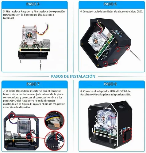 Vista 9 de GeeekPi Kit NAS de mini torre para Raspberry Pi, enfriador de torre PI ICE con ventilador PWM RGB, placa de expansión M.2 SATA SSD, placa