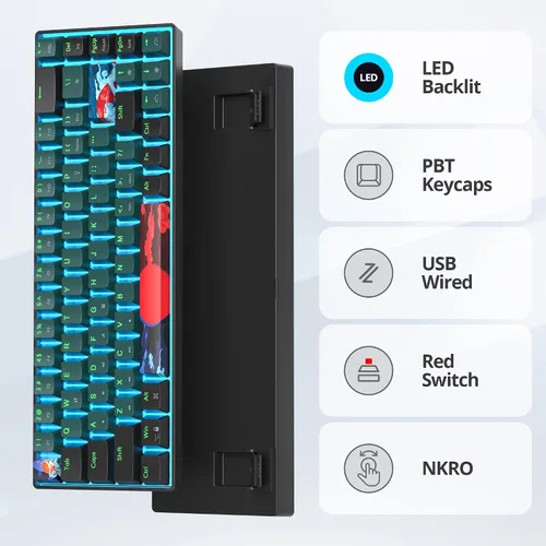 Vista 3 de Teclado para juegos al 60%, teclado mecánico con cable, teclado compacto de 68 teclas con interruptor rojo retroiluminado LED, NKRO para Win PC