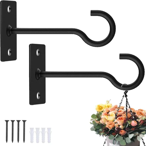 Vista 22 de Ganchos para plantas, paquete de 2 soportes de metal para colgar plantas de 6 pulgadas, gancho decorativo para comederos de pájaros, macetas, Negro
