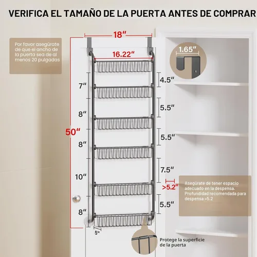 Vista 2 de Delamu Organizador de Despensa Sobre la Puerta, Organizador y Almacenamiento de Puerta de Despensa de Metal de 6 Niveles, Canasta de Cocina Colgante