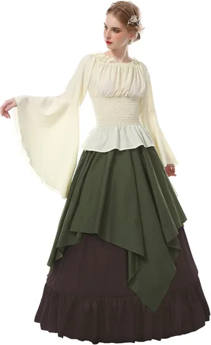 Vista 6 de CR ROLECOS Disfraz renacentista para mujer, vestido medieval campesino, manga trompeta, camisa y falda victoriana