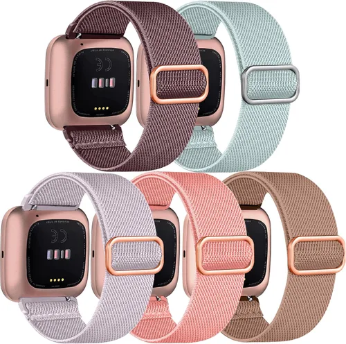 Vista 13 de Paquete de 5 bandas compatibles con Fitbit Versa 2 para mujeres/Versa Lite/SE, suave banda de nylon trenzada ajustable para un solo bucle