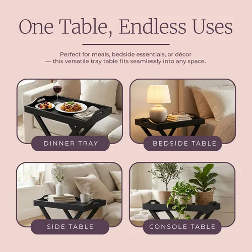 Vista 6 de Lavish Home Mesa plegable para TV con bandeja extraíble, juego de 2, color Negro