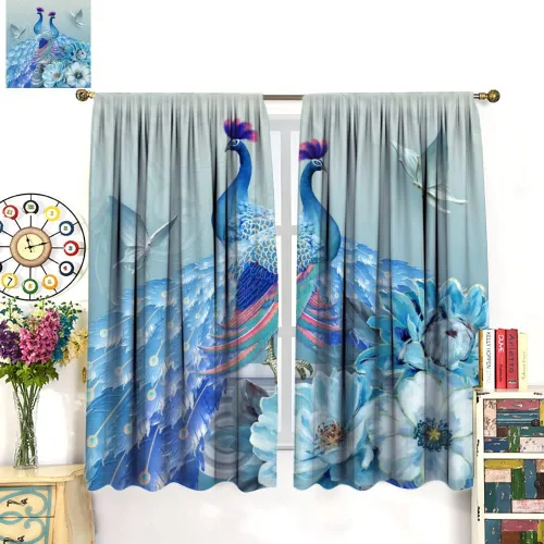 Vista 2 de Cortinas opacas de pavo real, hermoso patrón de estampado de flores de pavo real azul, estampado de mariposas y pavo real, juego de 2 paneles