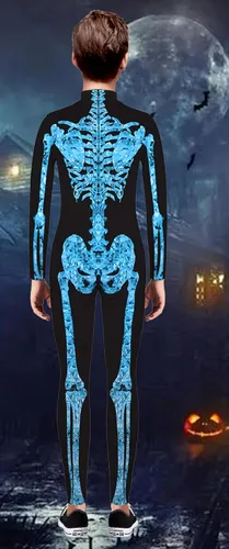 Vista 4 de TCHH - Disfraz de esqueleto de Halloween para niños y niñas, estampado 3D, talla 7 a 14 años