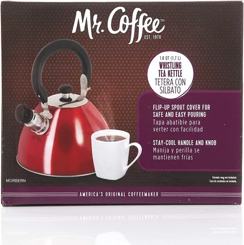 Vista 3 de Hervidor de agua para té con silbido Mr. Coffee 91407.02 Flintshire, de acero inoxidable, 1.75 qt, Rojo