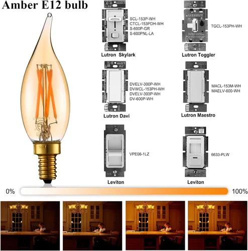Vista 2 de LiteHistory Bombilla de candelabro CA10 E12 de 40 vatios, bombillas ámbar Paquete de 6 puntas de llama ámbar de 2200 K