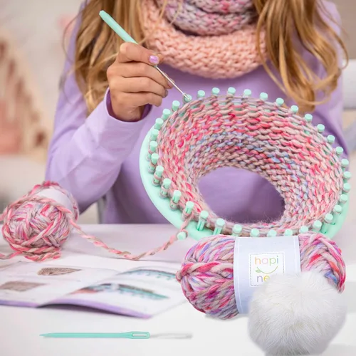 Vista 5 de Hapinest - Kit de tejido para aprender a tejer sombrero y bufanda con telar para niños de 8 a 12 años