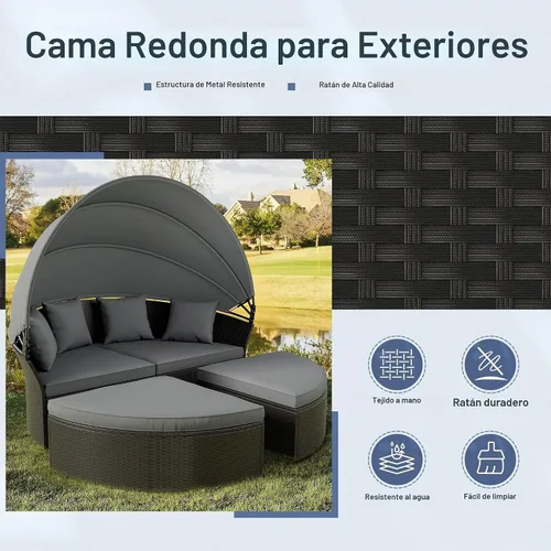 Vista 4 de Crownland Sofá cama redondo para patio con toldo retráctil, modular de mimbre con concha, muebles de mimbre para exteriores, sofá cama para patio