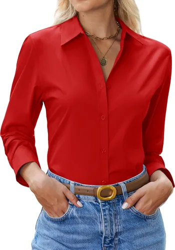 Vista 11 de siliteelon Camisa con botones para mujer: camisa de vestir con cuello de manga larga de algodón con botones, blusa de trabajo y oficina