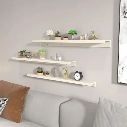 Vista 8 de Giftgarden Estantes flotantes de 16 pulgadas montados en la pared, estante de madera de grano de madera beige blanco cremoso para baño, dormitorio
