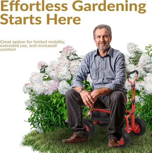 Vista 2 de Sunnydaze Carrito de jardín con ruedas - Taburete de jardín con ruedas - Asiento de jardinería con ruedas con mango extensible - Asiento giratorio
