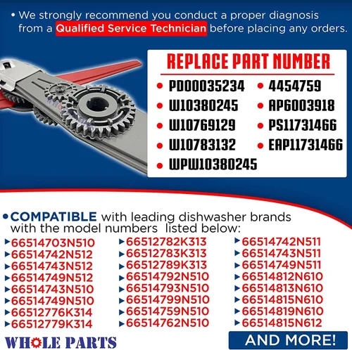 Vista 2 de Conjunto de brazo rociador inferior para lavavajillas Whole Parts mejorado # W10859935 - Reemplazo y compatible con algunos lavavajillas Kenmore