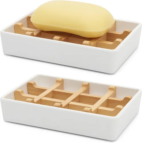 Vista 8 de Jaboneras de bambú para ducha con drenaje de madera para jabonera de baño, fácil de limpiar, duraderas y con almohadillas antideslizantes