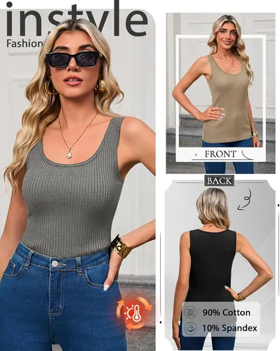 Vista 5 de Paquete de 3 camisetas térmicas sin mangas acanaladas para mujer, de forro polar de algodón, cuello redondo, ajustadas, capa base de camisola