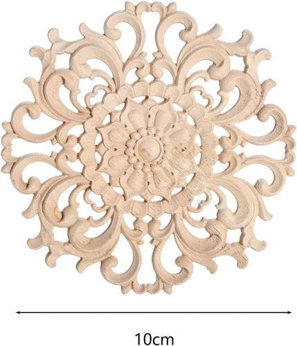 Vista 2 de 1 unid apliques tallados en madera redondos Onlays adhesivos para muebles Unique Center - Calcomanías de tallado en madera para repisa, chimenea