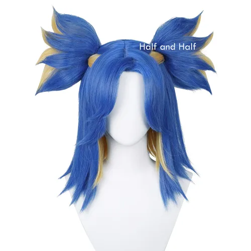 Vista 2 de Uniquebe Valorant - Peluca de neón para cosplay peluca azul con flequillo de cortina lindas colas de caballo gorra de peluca para disfraces