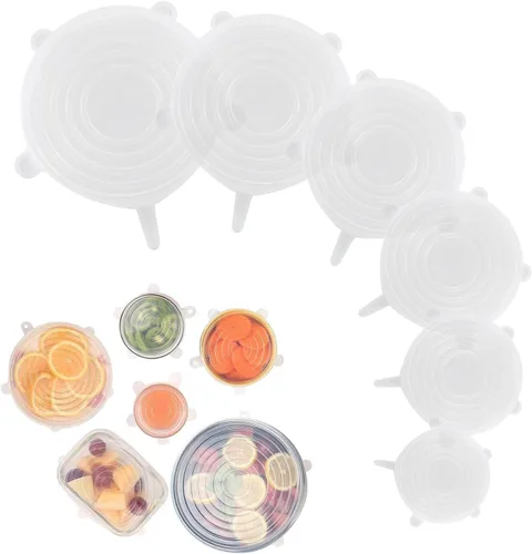 Vista 8 de Tapas elásticas de silicona, paquete de 6 fundas reutilizables para alimentos, silicona flexible para cuencos, recipientes, frutas, sello hermético