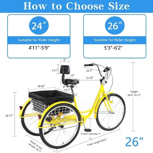 Vista 2 de Triciclo para adultos de 24/26 pulgadas, 7 velocidades, triciclo de 3 ruedas para adultos para mujeres/hombres/personas mayores, bicicleta de tres