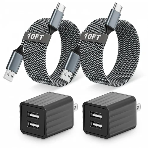 Vista 8 de Cargador de iPhone de 10 pies, bloque de carga rápida para iPhone de doble puerto USB, adaptador de enchufe de pared de 2 paquetes y cable de carga