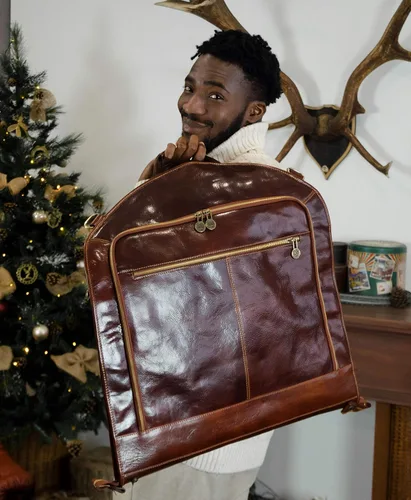 Vista 8 de Time Resistance Bolsa de ropa de cuero Traje Duffel Slim Maleta de mano Vestido Bolsa de protección Marrón