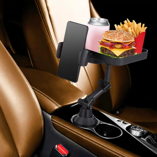 Vista 8 de CALLARON Bandeja portavasos, bandejas para automóvil para comer, bandeja giratoria ajustable 3 en 1 para alimentos, soporte universal para vasos