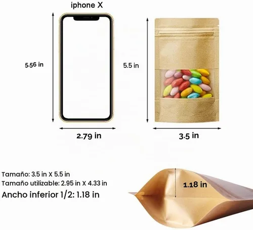 Vista 3 de 100 bolsas de papel kraft resellables con ventana para productos de embalaje, bolsas reutilizables con cierre de cremallera para almacenamiento