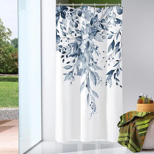 Vista 44 de Gibelle - Cortina de ducha para ducha pequeña 36 x 72, cortina de ducha estrecha con flores blancas y negras, juego de cortina de ducha de tela
