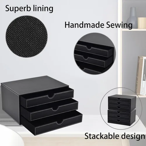 Vista 5 de Organizador de escritorio de piel sintética con 3 cajones, suministros de oficina ejecutivos, archivador A4, soporte para joyas, facturas, papel