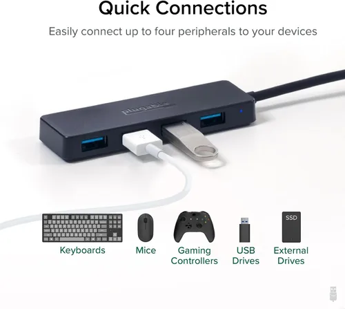 Vista 5 de Plugable Hub USB 3.0 de 4 puertos, divisor USB para laptop, compatible con Windows, Surface Pro, PC, Chromebook, Linux, Android, carga no compatible
