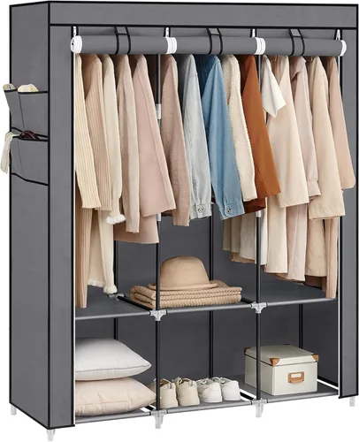 Vista 11 de SONGMICS Armario portátil, Organizador de armario con cubierta, 2 barras para colgar y estantes, 4 bolsillos laterales, 33.9 x 17.7 x 65.7 pulgadas