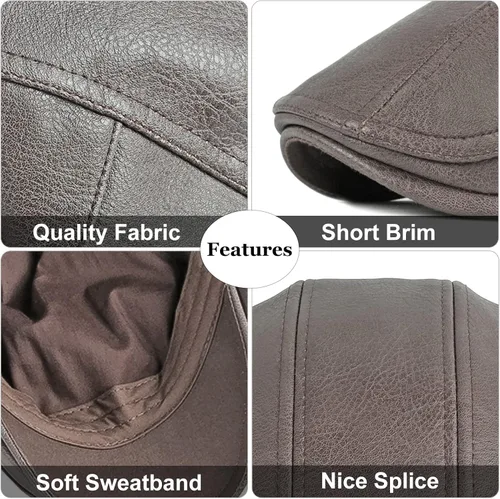 Vista 6 de Panegy Sombrero de periódico para hombre, gorra plana de piel sintética, sombrero de boina ajustable, sombrero de hiedra para conducir golf al aire
