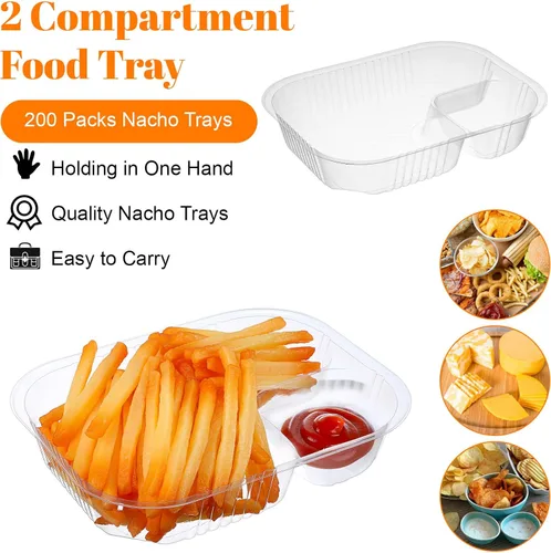 Vista 3 de Paquete de 200 bandejas de nachos de 22 onzas, de plástico de 6 x 8 pulgadas, 2 compartimentos para servir alimentos, bandeja desechable para salsa