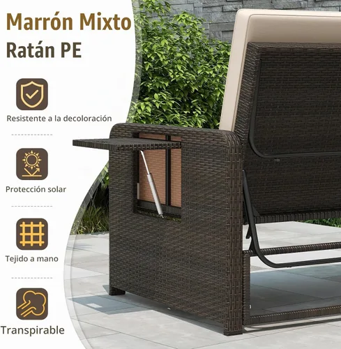 Vista 4 de LDAILY Moccha - Sofá cama para exteriores, sofá biplaza de mimbre con respaldo ajustable de 4 posiciones, otomana de almacenamiento, cojines Beige