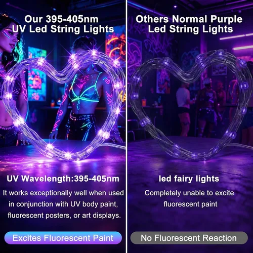 Vista 3 de Luces LED negras UV a pilas, paquete de 2 luces LED de 6.56 pies, 20 luces LED UV, accesorios de luz negra flexibles, luces de hadas moradas