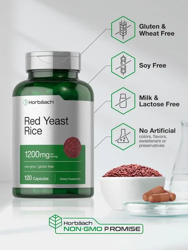 Vista 5 de Horbäach Arroz de levadura roja 1200 mg 120 cápsulas Suplemento sin OMG, sin gluten