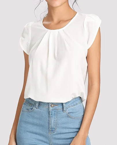 Vista 3 de Milumia Blusa de cuello redondo plisado para mujer, estilo casual y básico, con manga casquillo y abertura de cerradura en la espalda