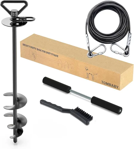 Vista 7 de TOMBABY Cable y estaca para perros, con cable resistente de 20 pies, anclaje giratorio de 360° y antienredos, corredor de perro para patio, estaca