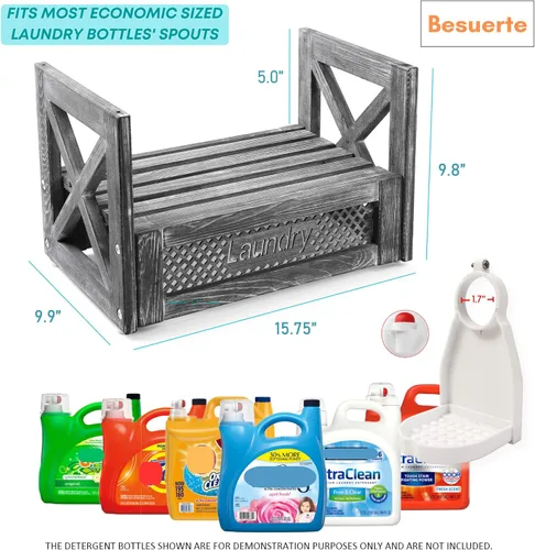 Vista 4 de Soporte de madera para detergente para ropa – Estante rústico de lavandería para dos botellas de detergente, almacenamiento y decoración