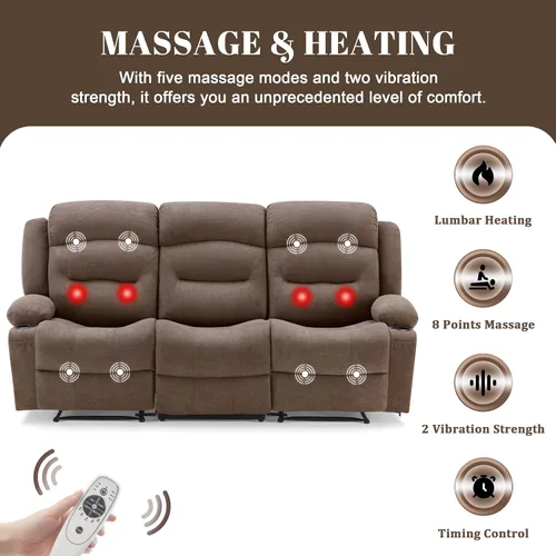 Vista 5 de Sofá reclinable extra grande con masaje y calor, sofá reclinable RV grande de 3 plazas para sala de estar, sofá reclinable pegado a la pared