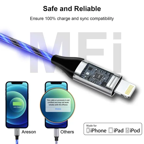 Vista 2 de Cable cargador de iPhone con luz LED, cables Lightning LED paquete de 1 Certificado MFi de Apple Cable de carga rápida USB para Apple iPhone 13