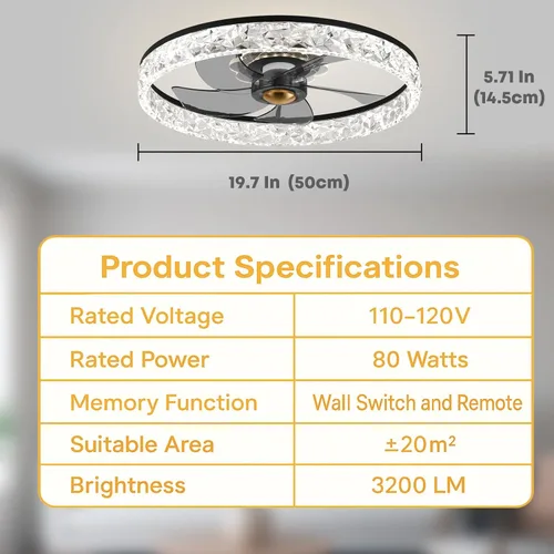 Vista 7 de Fszdorj 20'' Ceiling Fan with Light, Upgraded Low Profile Ceiling Fan with Light, Dimmable Flush Mount Ceiling Fan with Light, Fan light, 6 Speeds