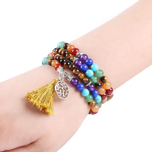 Vista 5 de Juego de 108 cuentas de Mala + pulsera de ojo de tigre de 0.315in, 7 chakras, árbol de la vida, yoga, meditación, piedras preciosas curativas reales