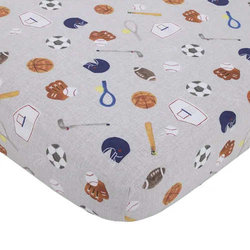 Vista 3 de NOJO Team All Star - Juego de ropa de cama de 4 piezas para cuna, color azul marino, gris y azul claro, fútbol, béisbol, fútbol y baloncesto