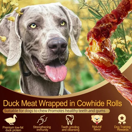 Vista 2 de Golosinas de cuero crudo envueltas en pato para perros masticables dentales Palitos masticables de piel cruda envueltos en pato real, con alto