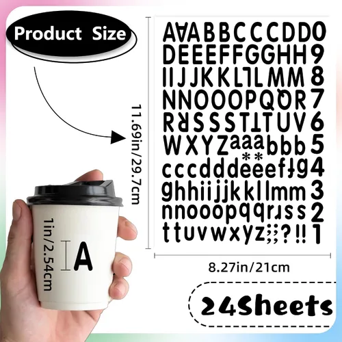 Vista 2 de 3024 - Calcomanías de letras – 24 hojas de calcomanías del alfabeto y números, vinilo de 1 pulgada, autoadhesivo, impermeable, pequeño, negro