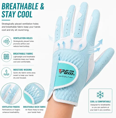 Vista 8 de PGM Guantes de golf para mujer, un par (4 opciones de color), sistema de agarre mejorado, fresco y cómodo Azul